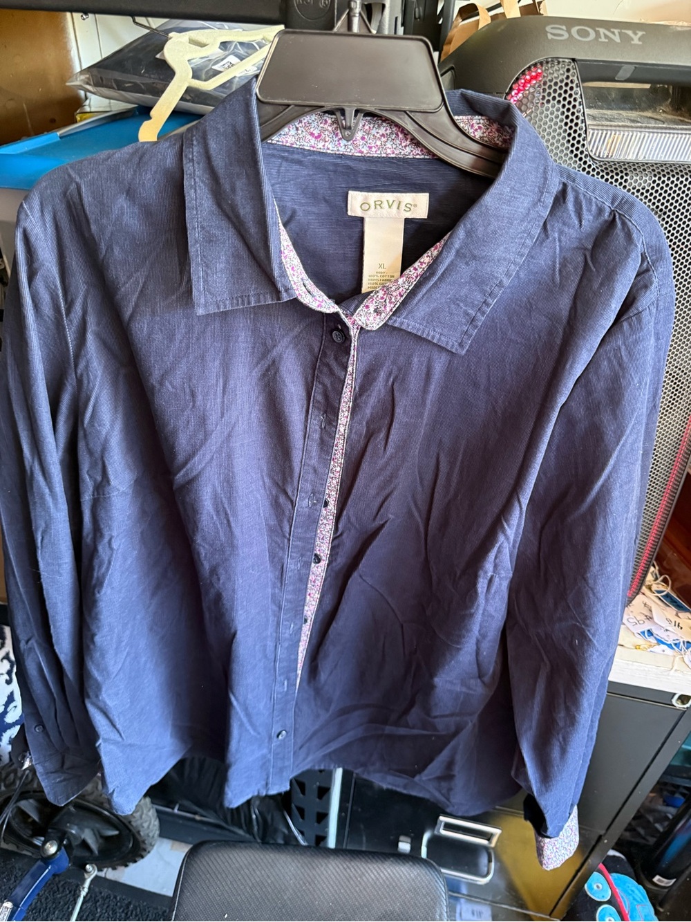 Orvis Navy Button-Down Shirt with Floral Trim
